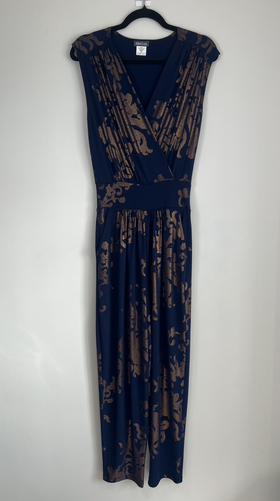 Kim & Co Blue & Gold Floral Jumpsuit Stretchy Sleeveless V-neck Small (10-12)