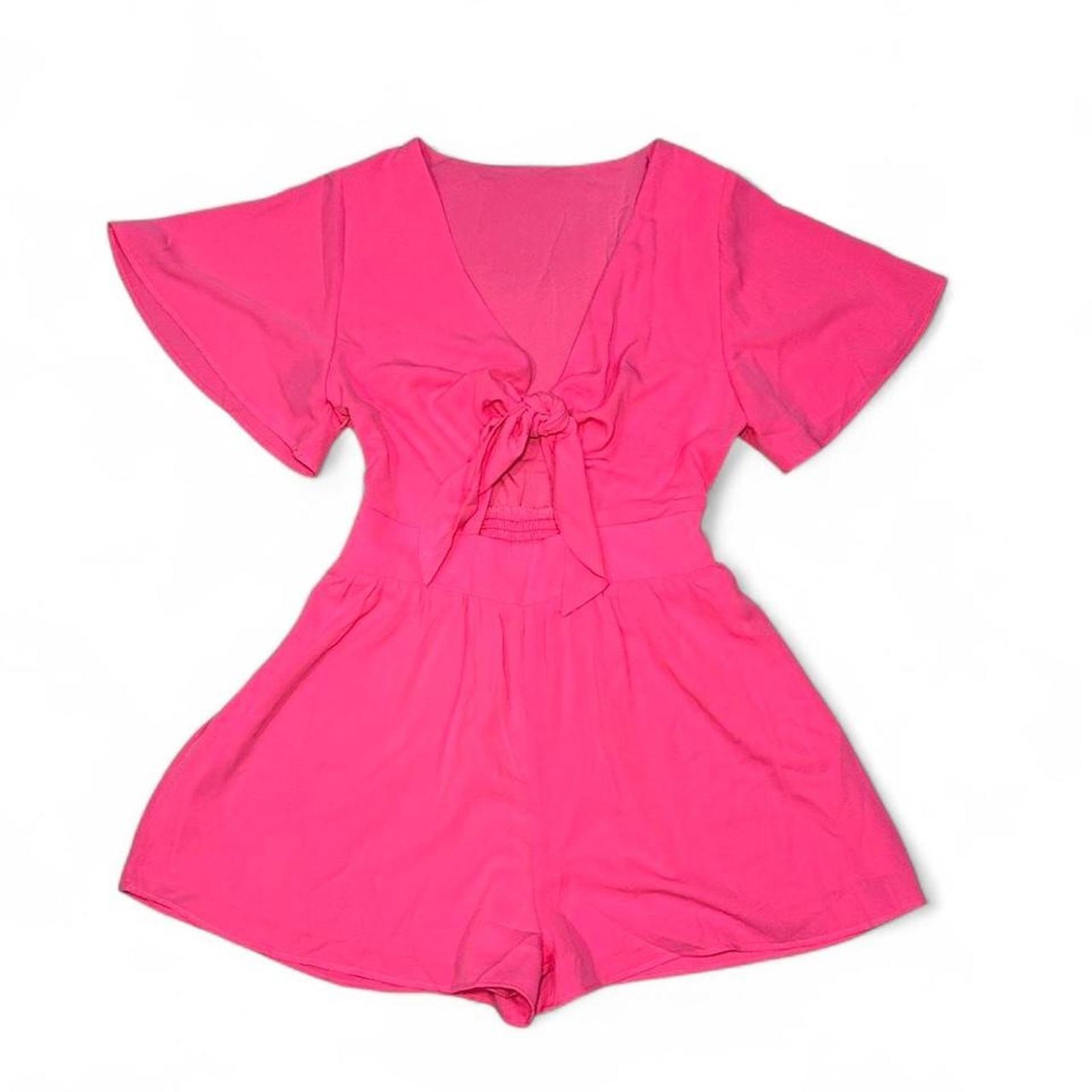 Pink Tie Front Romper Elastic Waist Summer Outfit