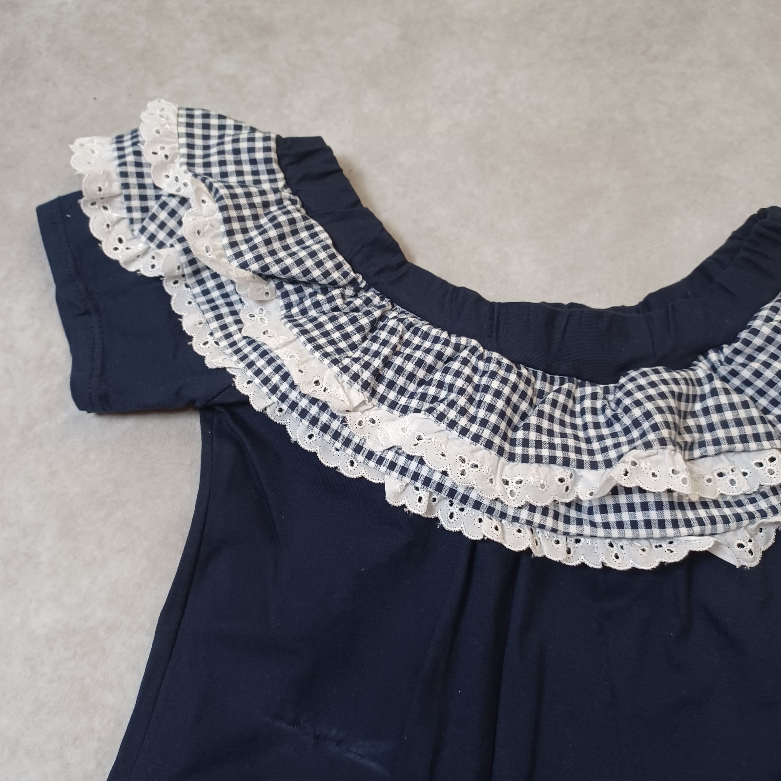 Retro 60s Ruffle Playsuit Romper Womens XS Gingham Off The Shoulder Lolita Navy