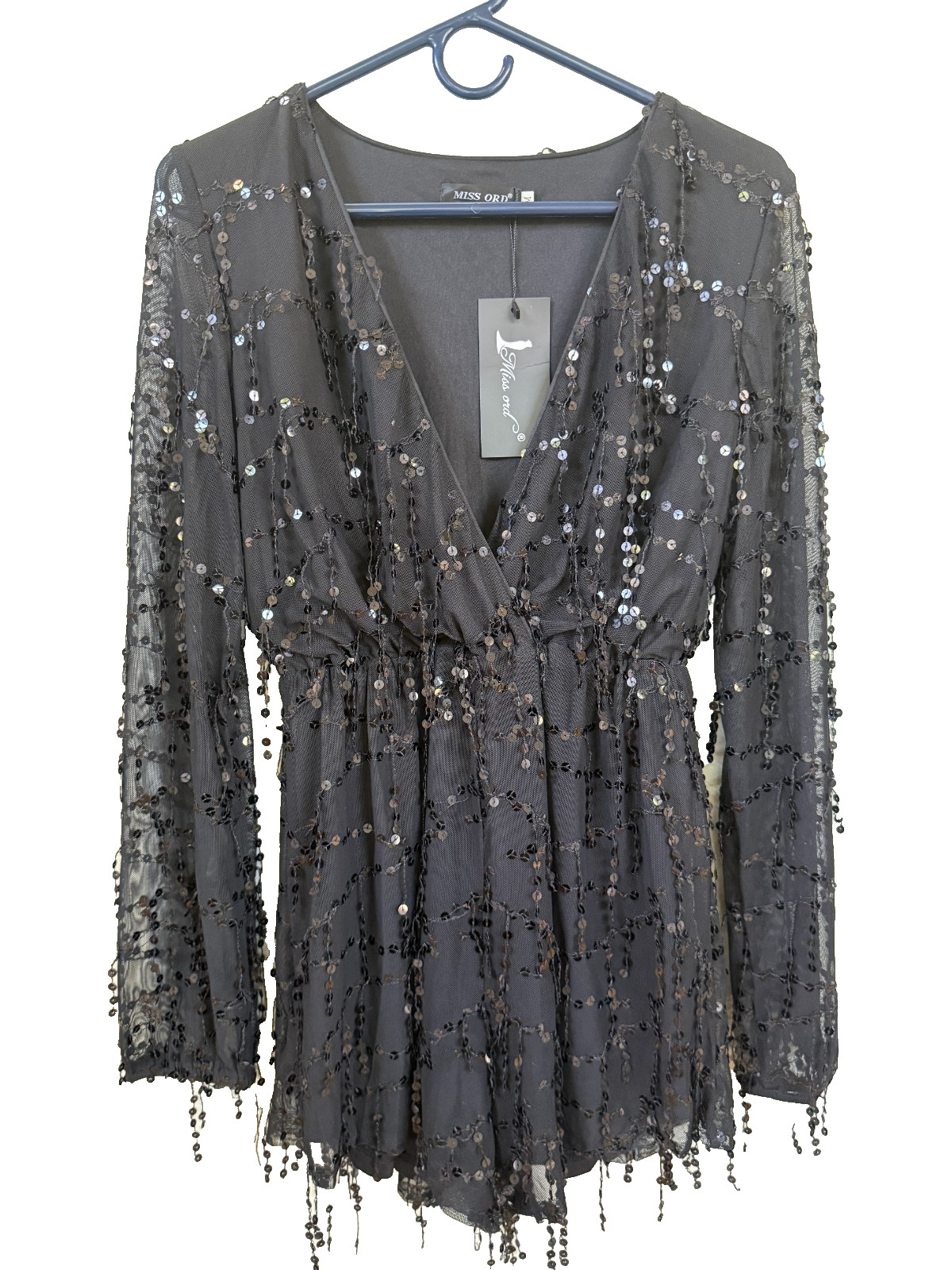 New Miss Ord Size Medium Black Sequin Trimmed V Neck Romper
