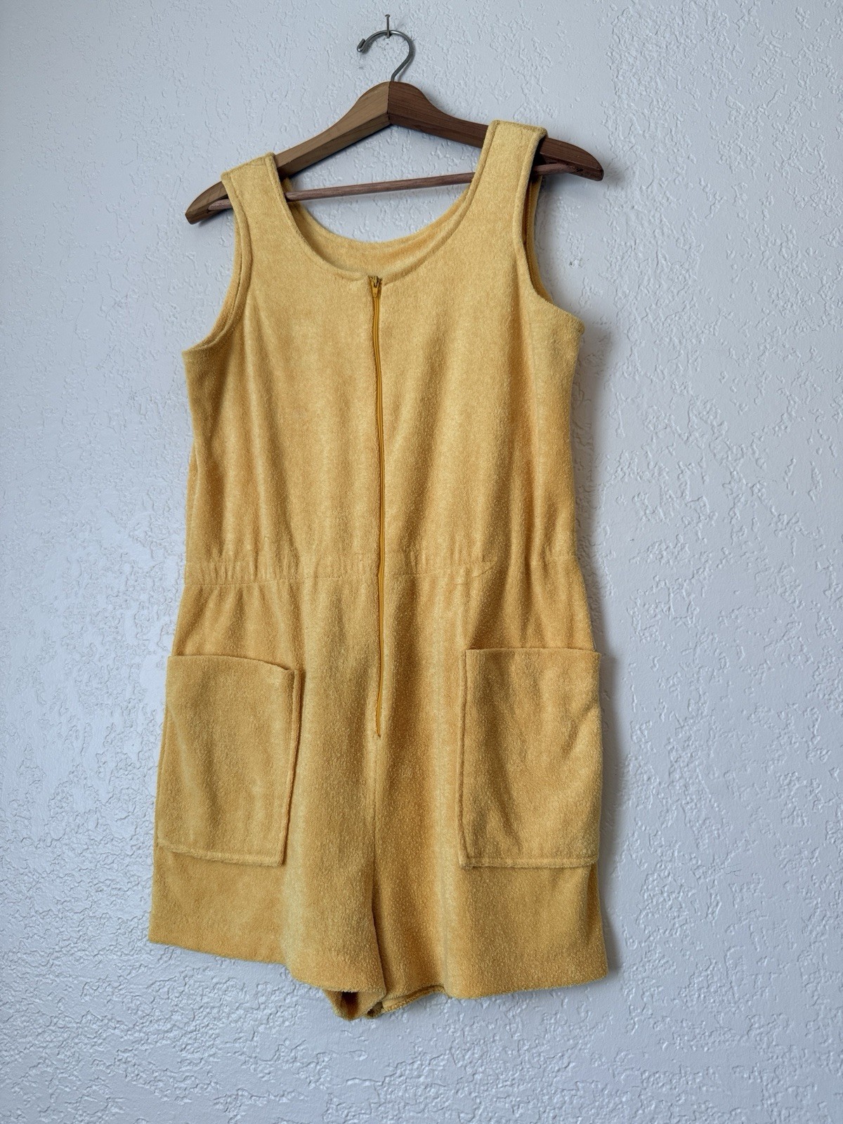 Vintage Yellow Terry Cloth Romper Sleeveless Zipper Front Pockets Small