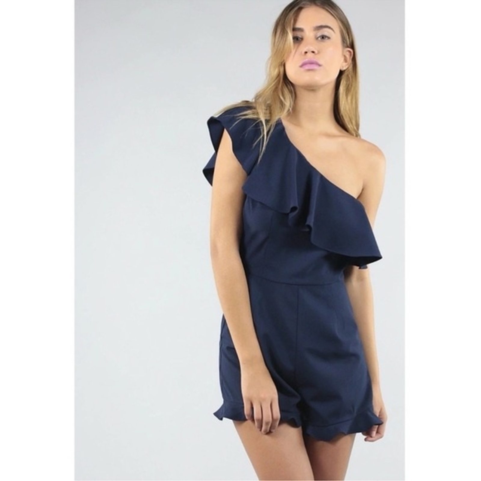 J.O.A. NWOT Navy Blue One Shoulder Ruffle Romper M