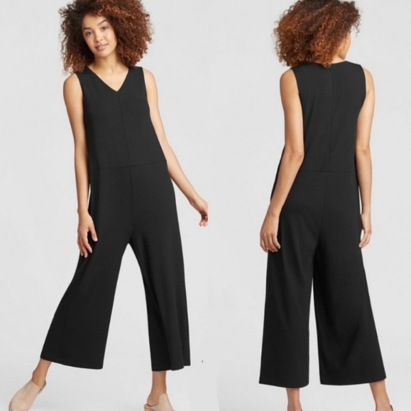 Eileen Fisher Tencel Lyocell Blend Wide Leg Jumpsuit v-neck zip up back zipper