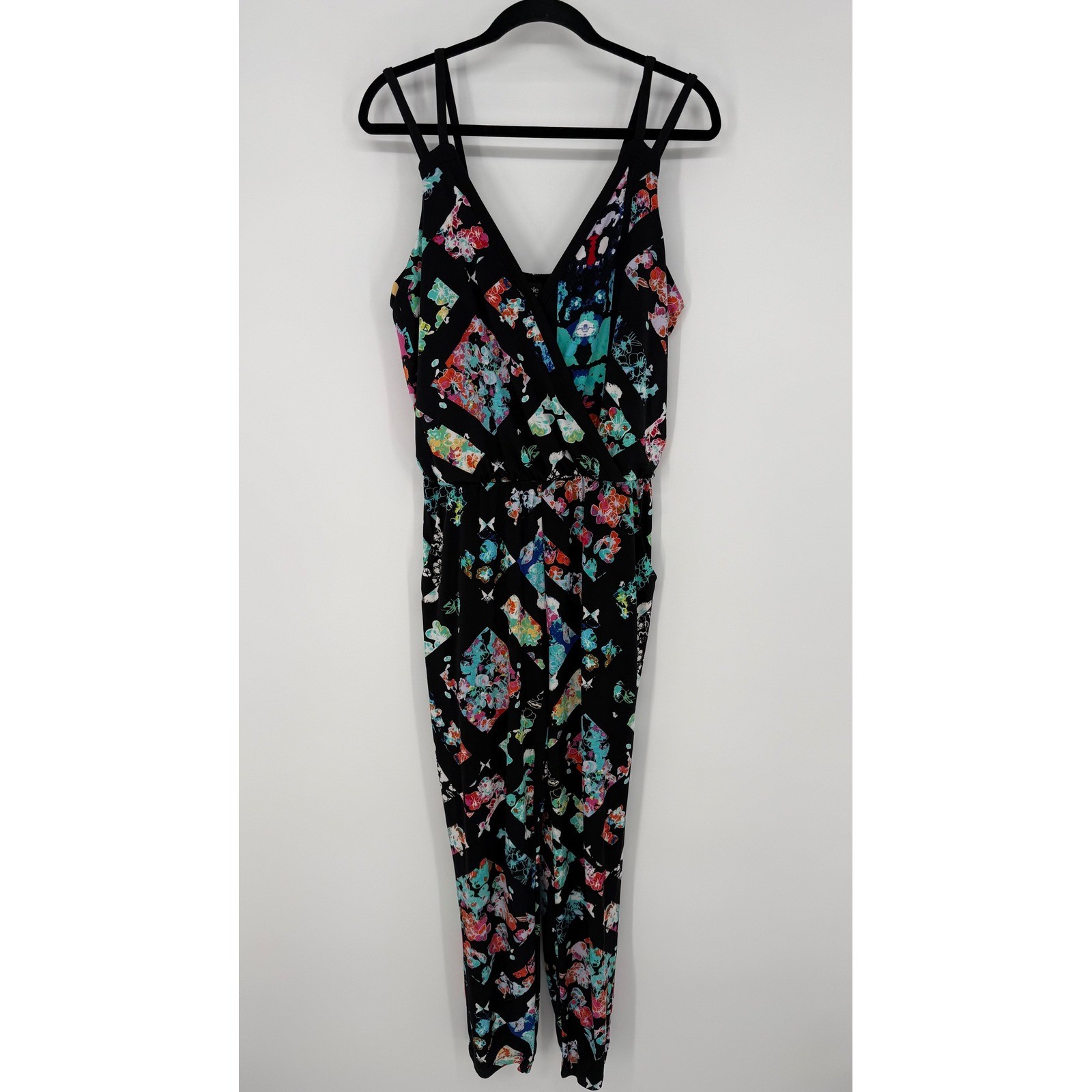 NICOLE BY NICOLE MILLER BLACK GEOMETRIC FLORAL STRAIGHT JOGGER JUMPSUIT MEDIUM