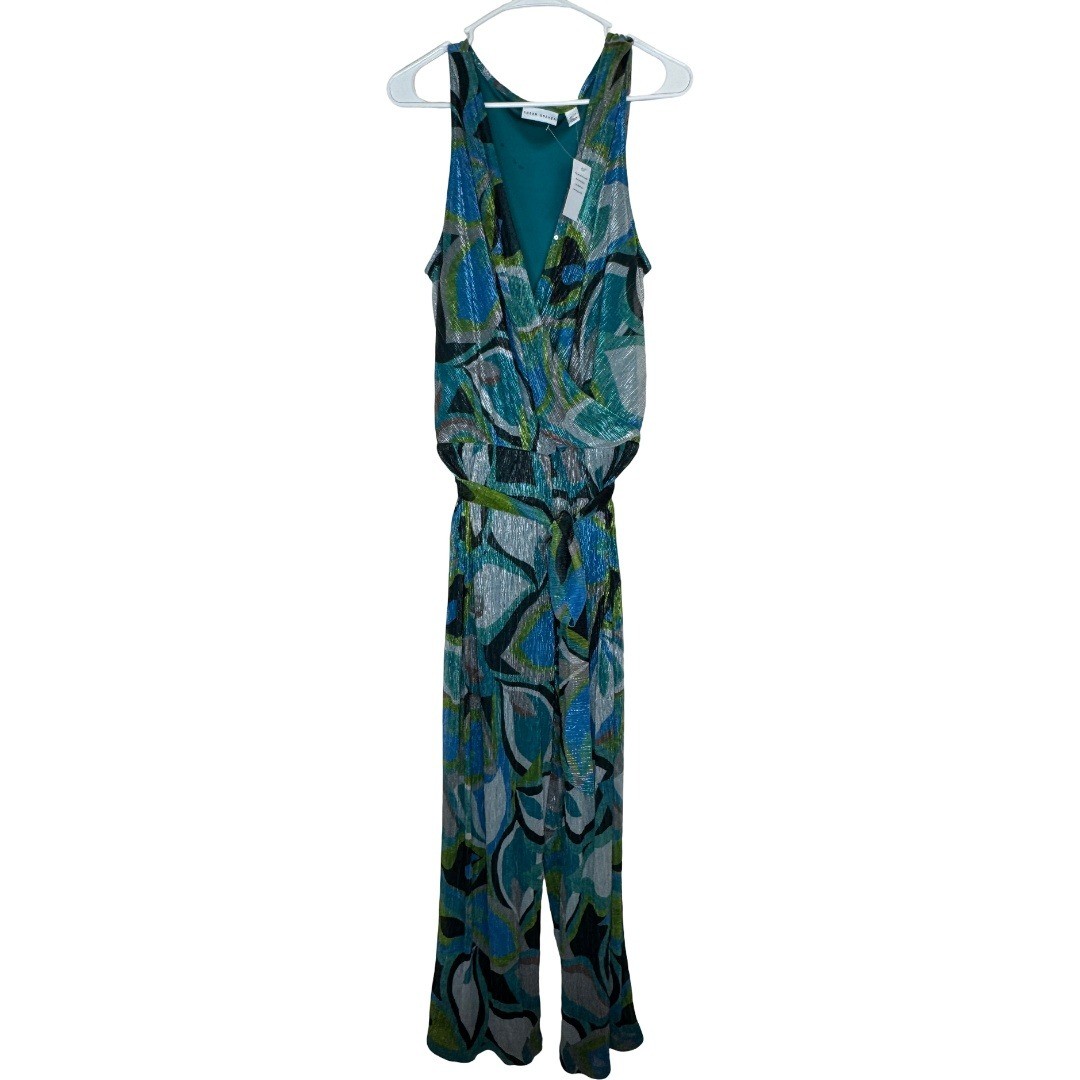 Susan Graver Jumpsuit Womens XL Lively Emerald Metallic Knit Sleeveless Belted