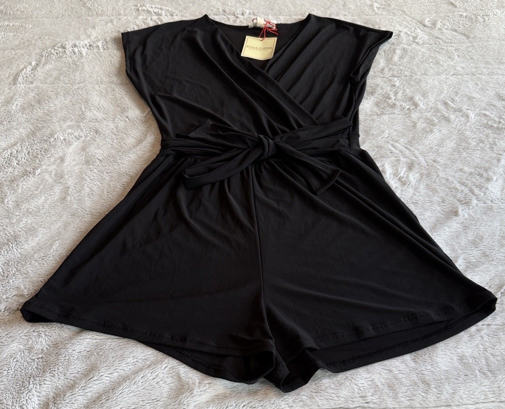NEW Rolla Coster Black Romper Faux Wrap & Belted Tie Waist Size Medium Elegant