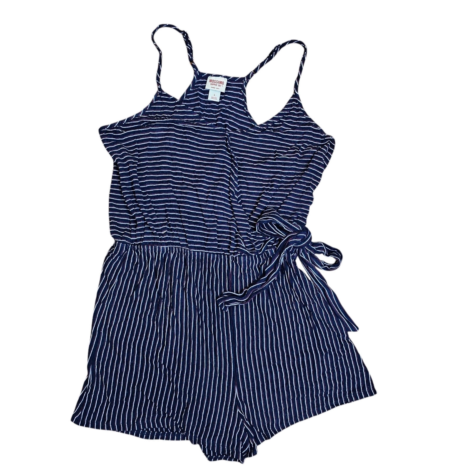 Mossimo Womens Blue Romper Sleeveless Large Blue Racerback Stripes Faux Wrap