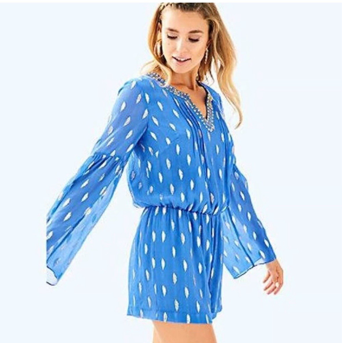Lilly Pulitzer Romper women’s large Blue Gold V Neck Silk Bell Sleeve vacation