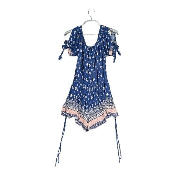 Band of Gypsies M Medium Blue Romper Peasant Boho Gypsy Festival Off Shoulder