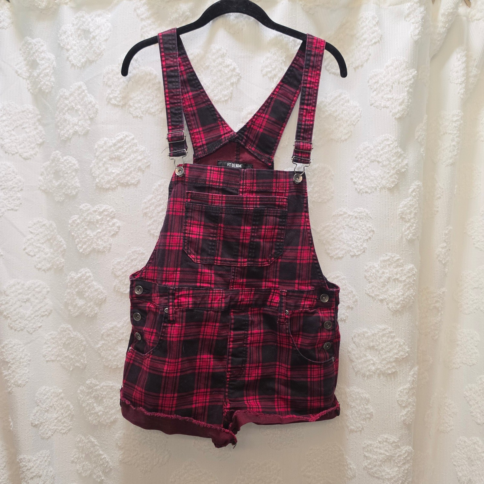 Hot Topic HT Denim Red Black Plaid Skull Shortalls Overalls Womens Large LG