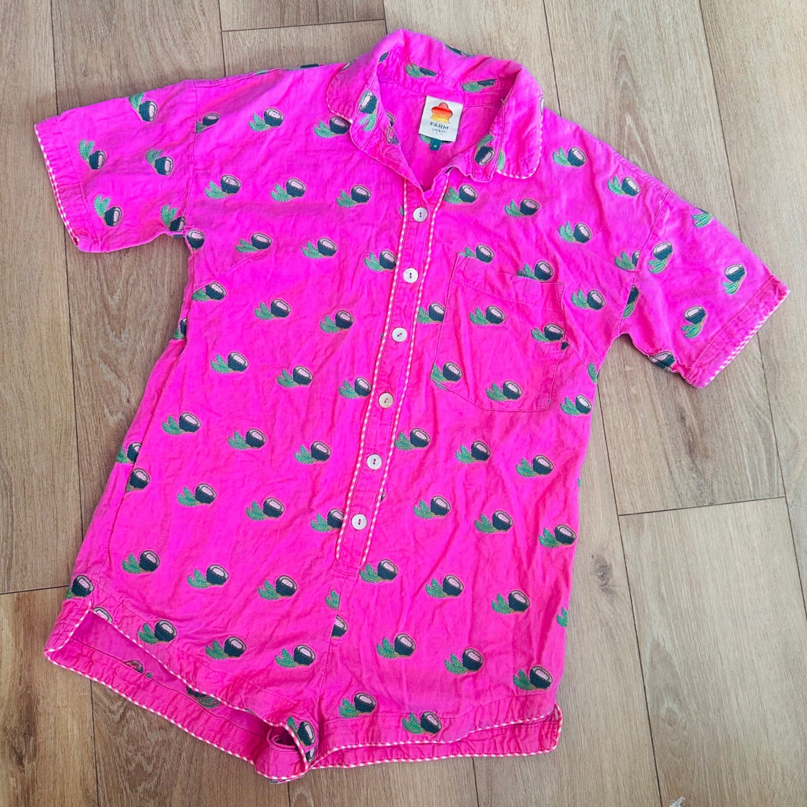 Farm Rio Pink Coconut Embroidered Linen Blend Romper Short Sleeve Womens Medium