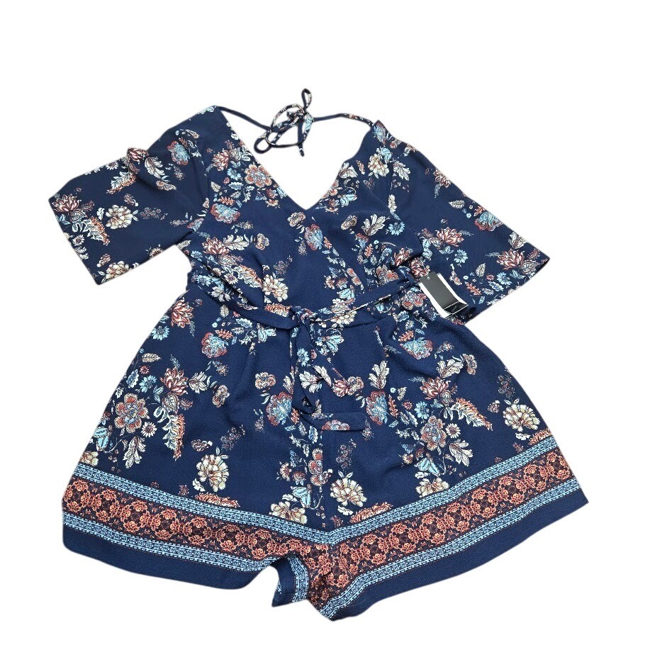 NWT Ash & Violet Floral Print Shorts Romper Navy Blue Tie Back Sz XL