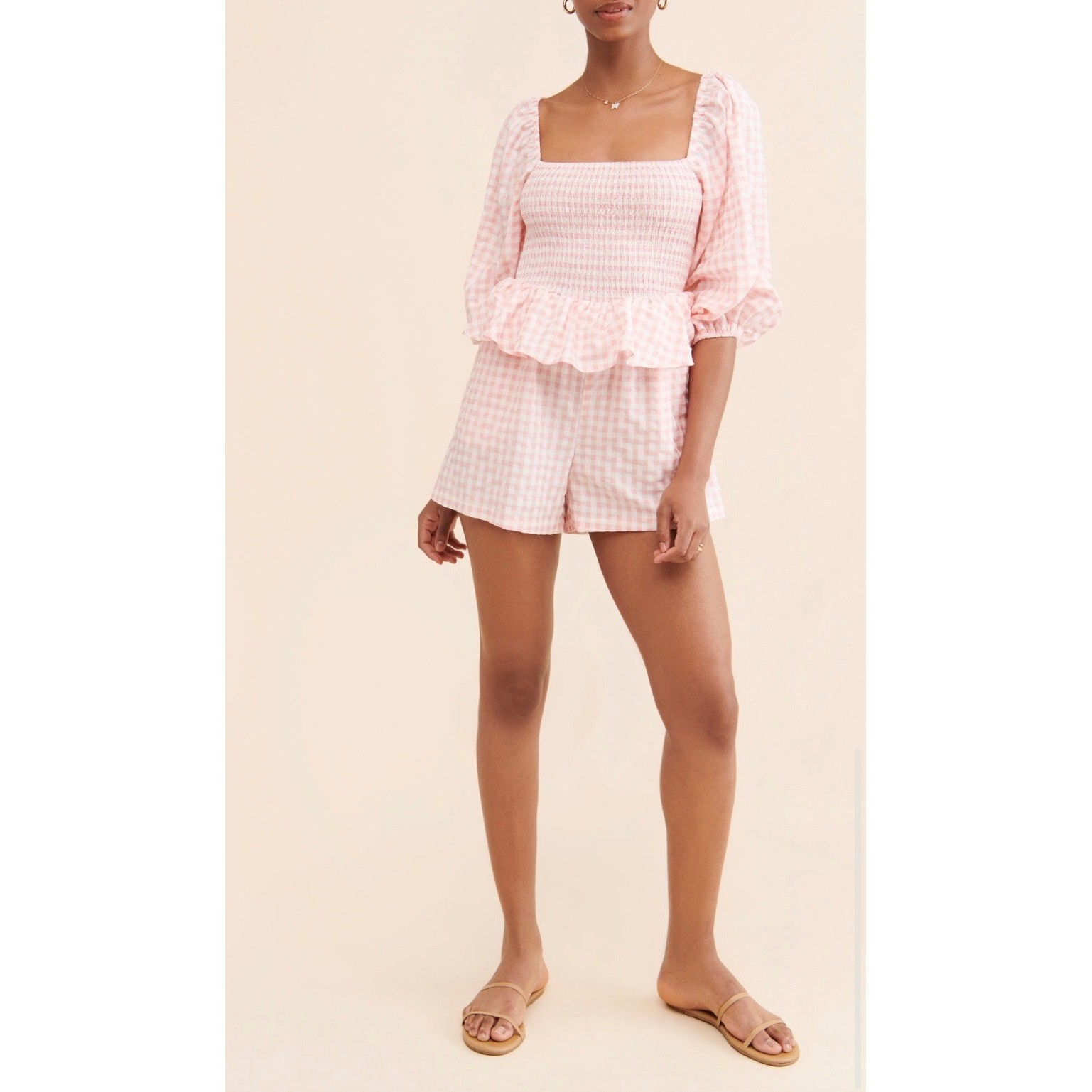 Mare Mare Pink Gingham Smocked Puff Sleeve Peplum Romper Womens Size XS