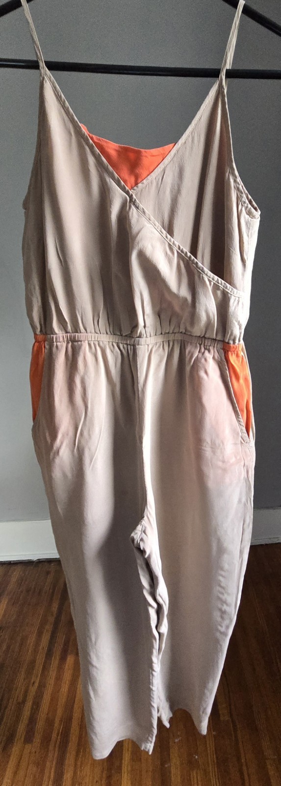 Women’s Silk Jumpsuit Sand & Orange Colorblock Size S-100% Silk-Machine Washable