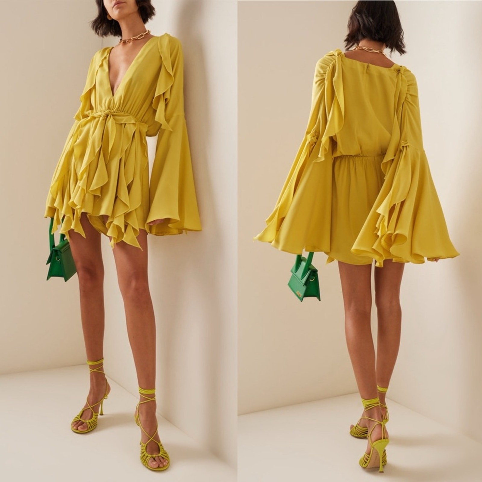 Andrea Iyamah Tari Drape Bell Sleeve Romper Lemon Yellow NEW with tags