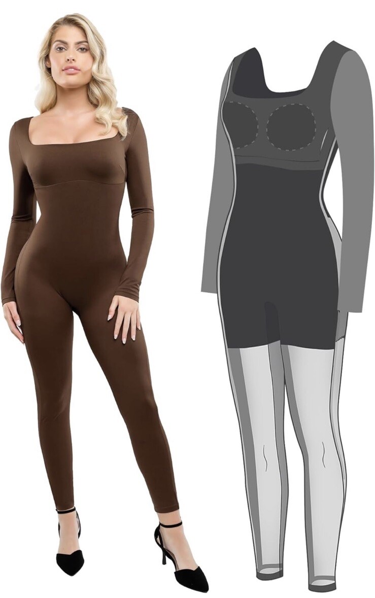 Popilush Womens Jumpsuits Built In Shapewear Long Sleeve Workout Romper Size M