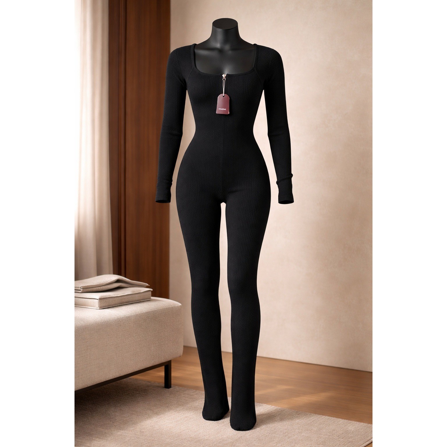 Cosmolle Black Ribbed Long Sleeve Thumbhole Jumpsuit Square Neck Zipper M/L NEW