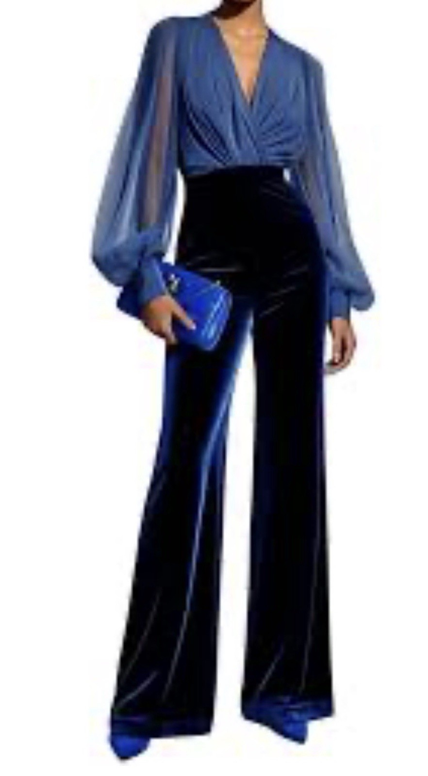Women Royal Blue Mesh V Neck Long Sleeve Velvet Jumpsuit | fehaute Size 8