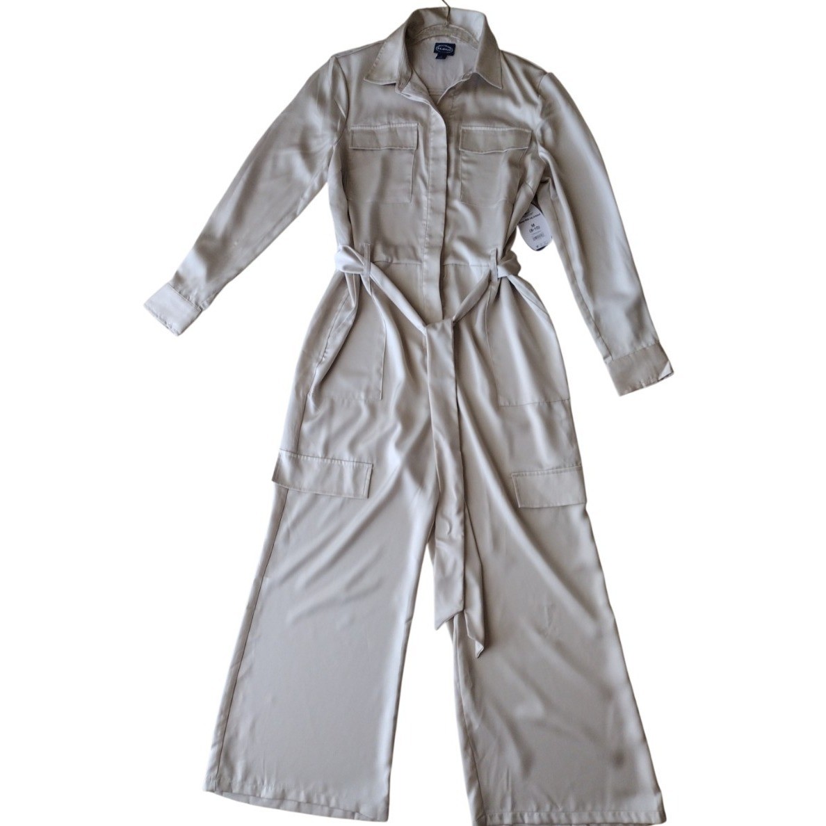 Scoop Jumpsuit Woman Medium Beige Flare Long Sleeves Collared Belted Silky