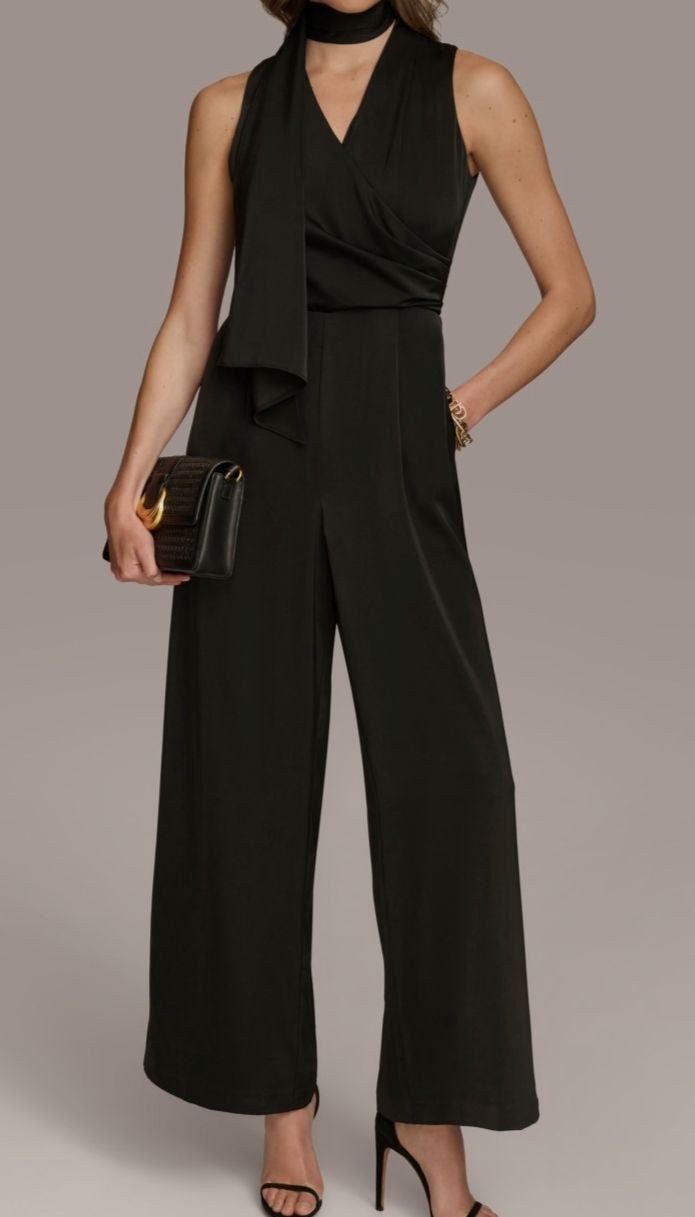Donna Karan New York Womens Black Lined Scarf-Neck Sleeveless Jumpsuit Size 6