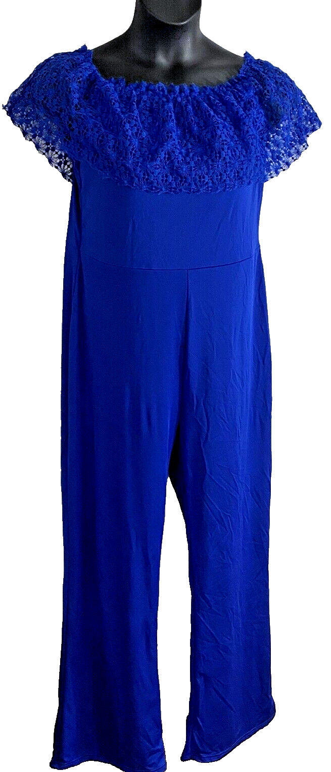 women’s jumpsuit size XXL blue sleeveless off shoulder wide leg polyester