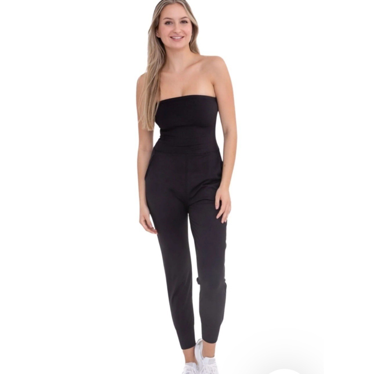 Mono B Womens Black Strapless Jumpsuit Jogger S NWT New athleisure yoga romper