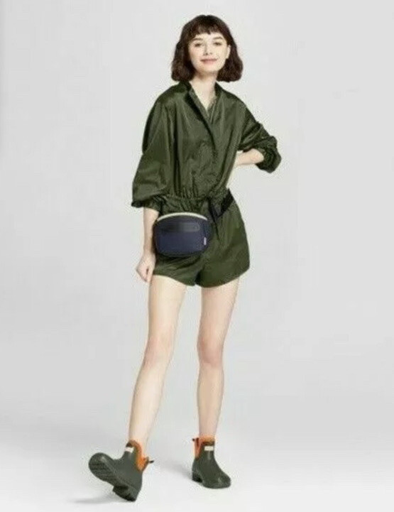 Hunter for Target Army/Olive Green Satin Tie Waist Long Sleeve Short Romper Sz L