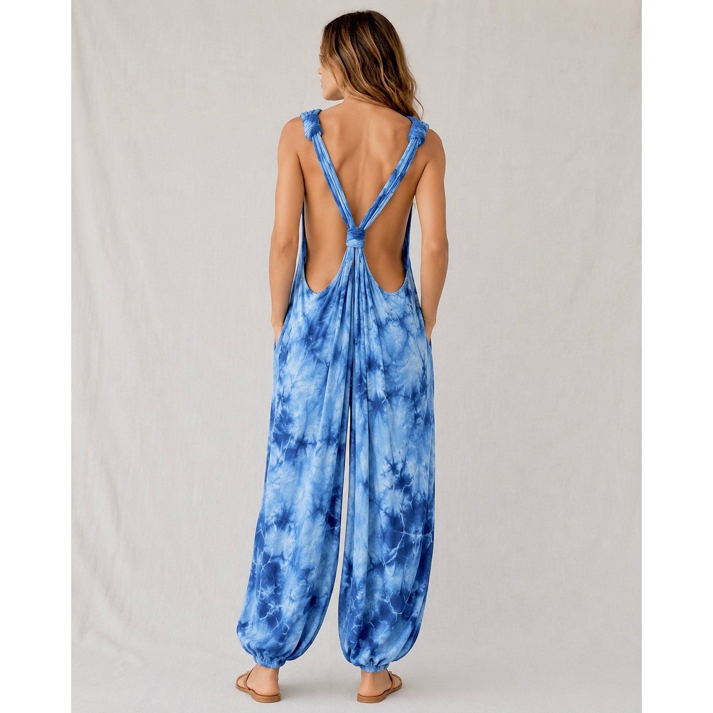 Unbranded Tie Dye Blue White Harem Jumpsuit One Size Boho Festival Open Back