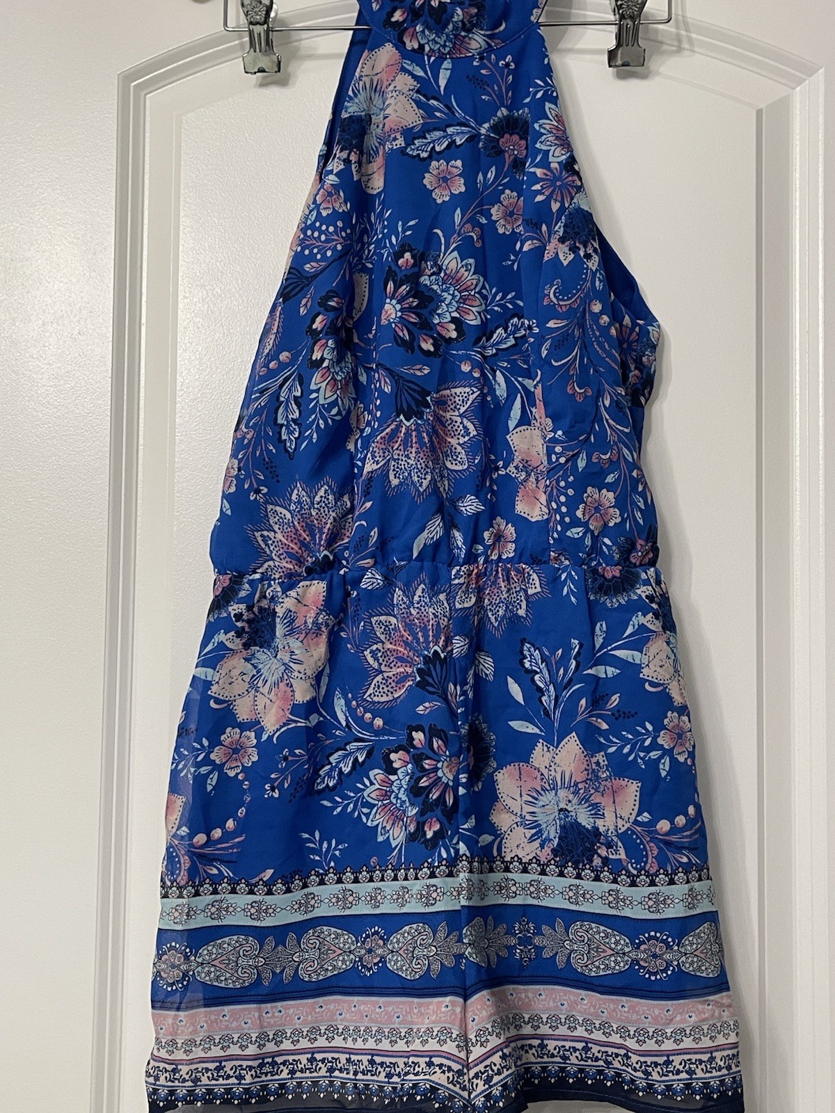 Coastal Blue Floral Romper M Women High Neck Jumpsuit Short Festival Outfit Boho