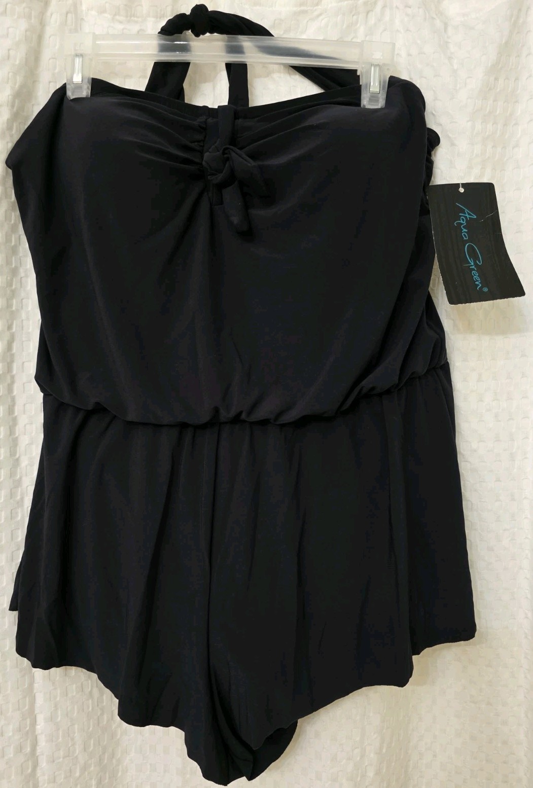 NWT Aqua Green Black Sleeveless Shorts Romper Tie Accent Built-In Bra XL