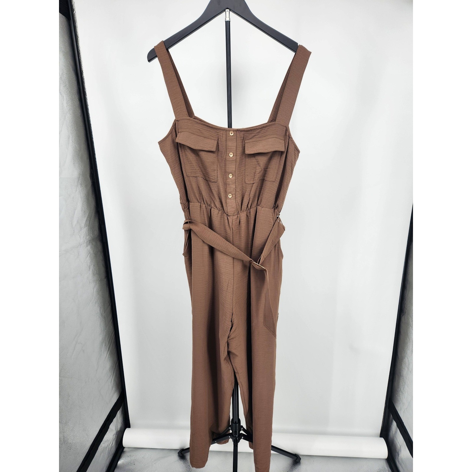 As U Wish Brown Sleeveless Button Front Belted Jumpsuit XL NWT