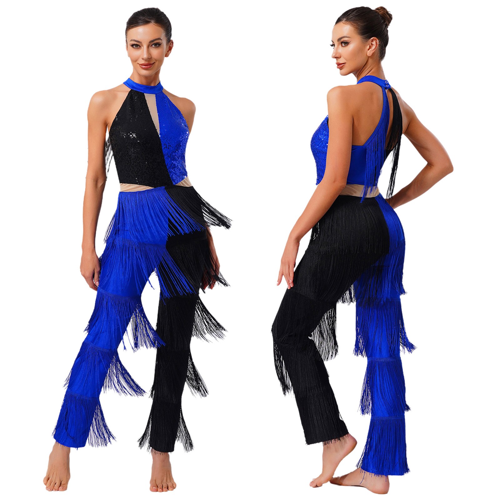 US Lady Contrast Color Tassel Jazz Latin Dance Jumpsuit Sequined One Piece Disco