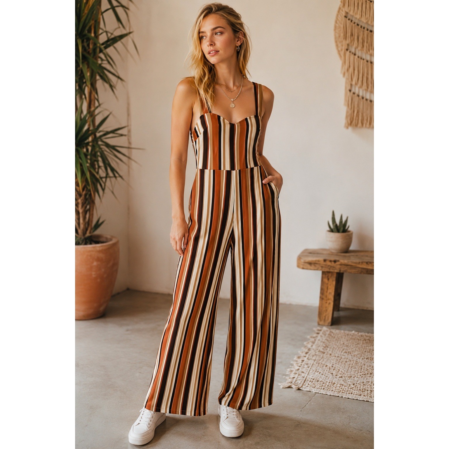 Urban Outfitters Delany XS Straight Neck Striped Wide Leg Jumpsuit Stretch