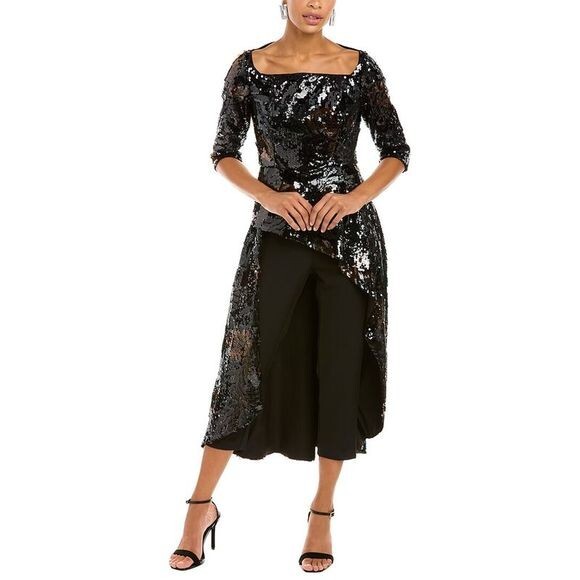 Kay Unger Black Ruby Wine Janelle Sequin Midi Romper Walk Thru Jumpsuit 4 $428