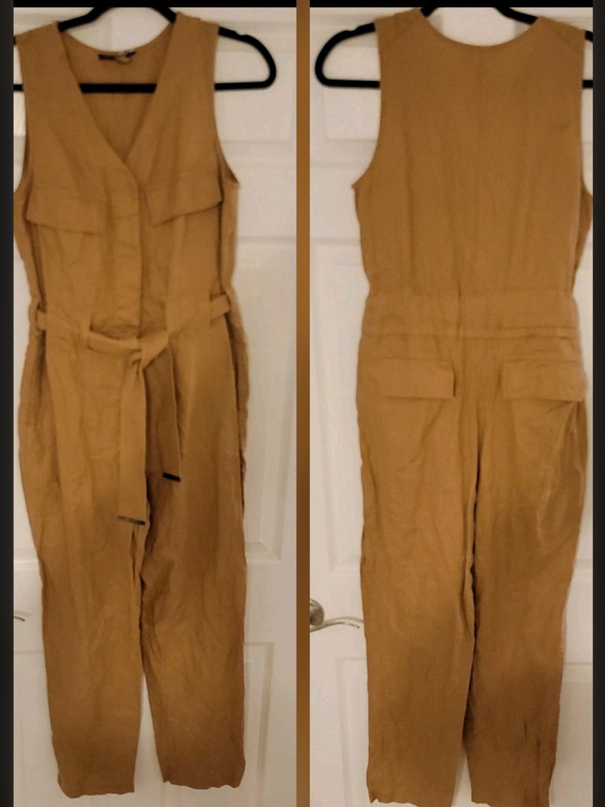 Donna Karan Jumpsuit Sz Small 100% Linen Safari Straight Leg Tan Womens