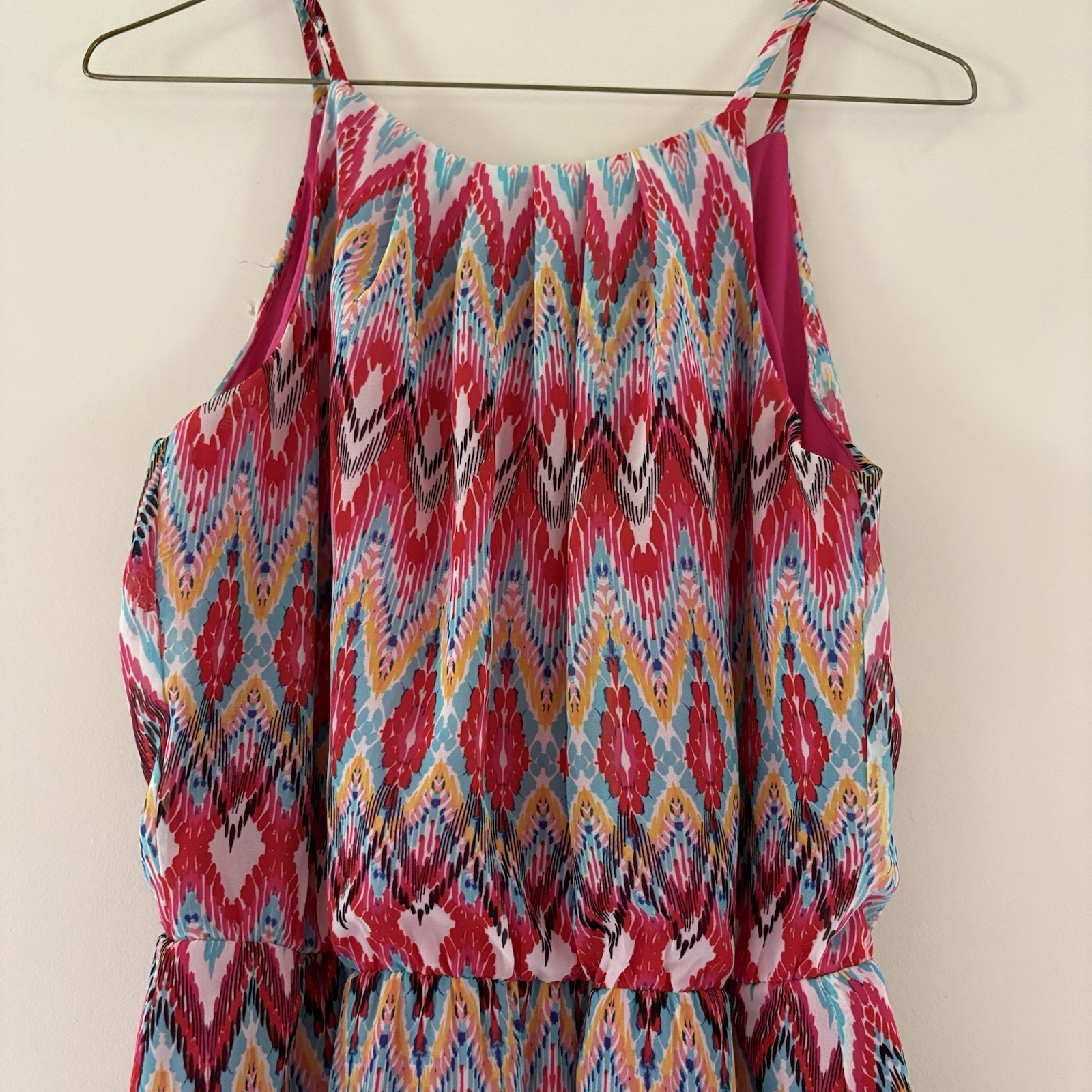 Tacera Women’s Multicolor Ikat Chiffon Halter Wide-Leg Ruffle Jumpsuit S