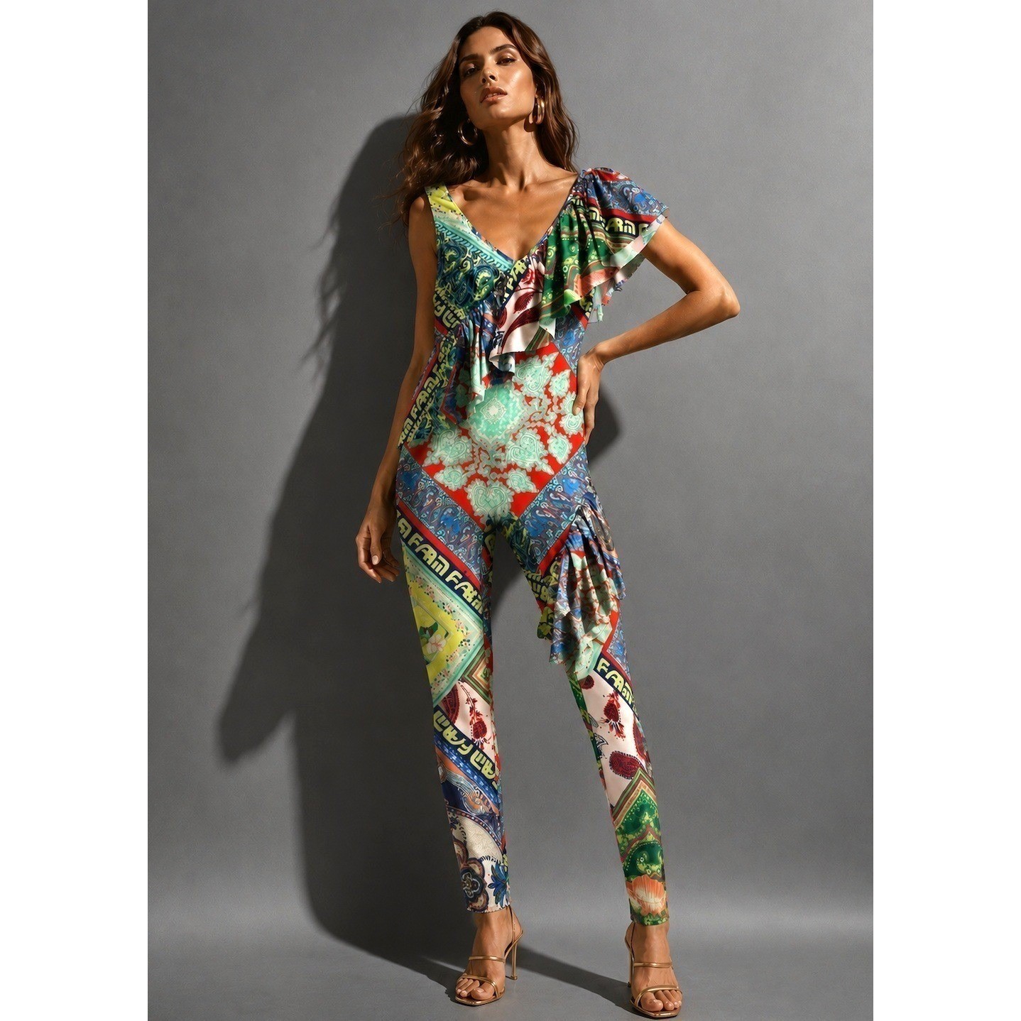 Farm Rio Mixed Scarf Print Ruffle Jumpsuit Womens Medium Paisley Floral Festival