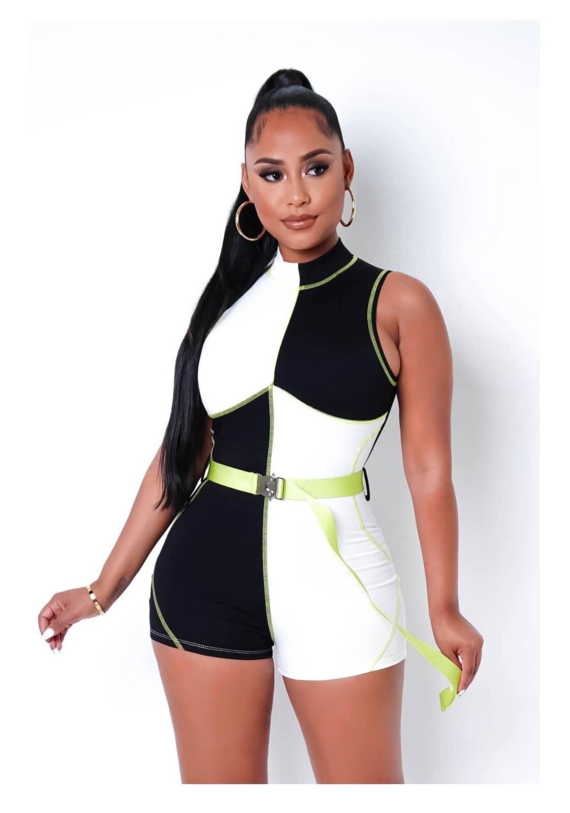 sexy woman’s one piece romper black white and neon green size L