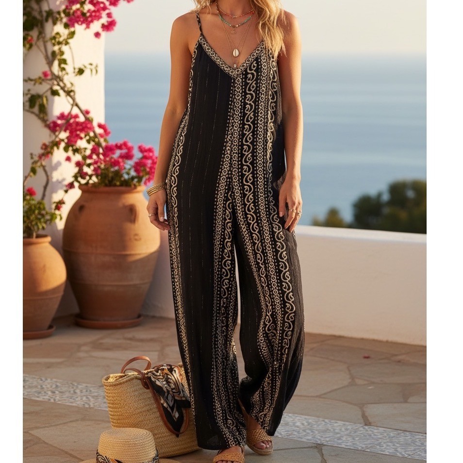 Zury Navy Boho Wide Leg Jumpsuit Beaded Trim Euro Summer Festival Free Size