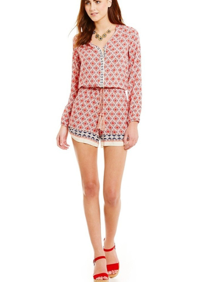CHELSEA & VIOLET Coral Blue Geo Print Boho Shorts Romper XSmall Anthropologie