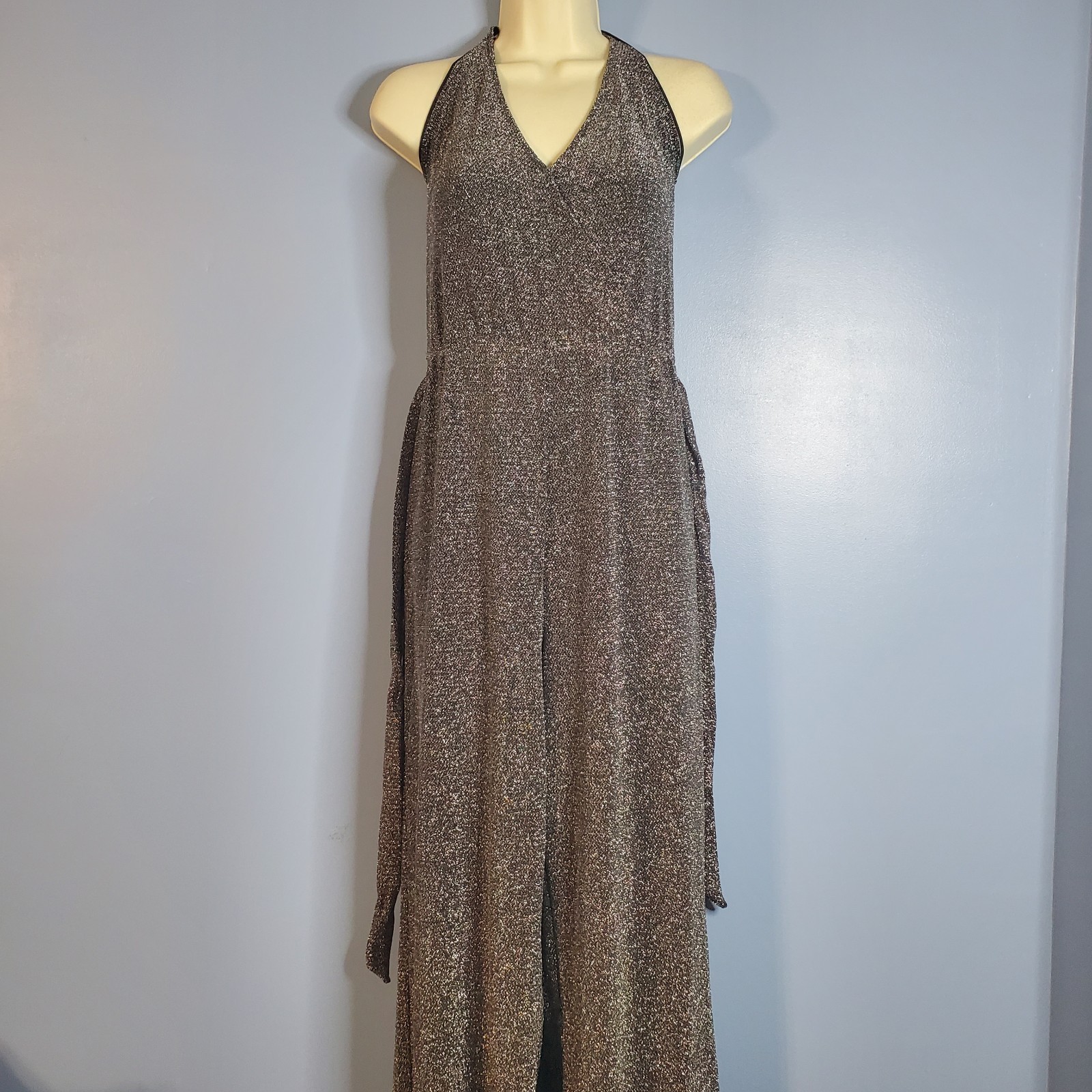 Silver Glitter Belted Spaghetti Strap Backless Jumpsuit Size M by H&M Divided
