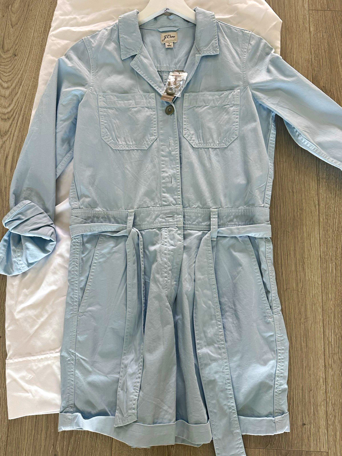 NWT J.Crew Blue Cotton Utility Belted Pocket Collared Long Sleeve Romper Sz 2.