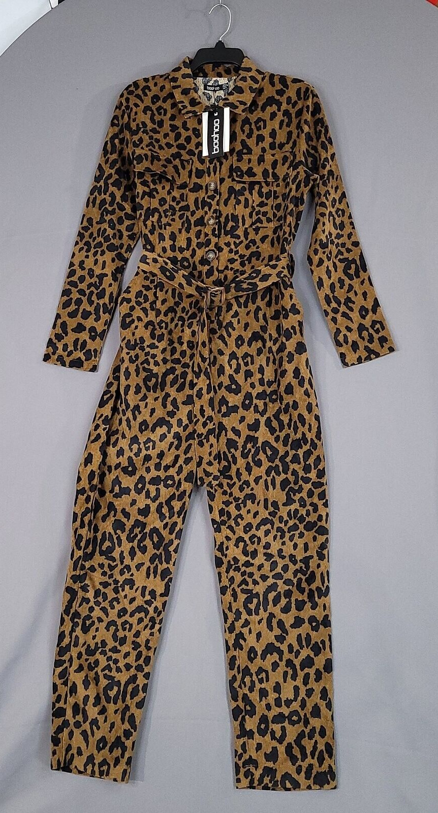 Boohoo Women’s Leopard Cord Boiler Jumpsuit Belted Long Sleeve Size 4