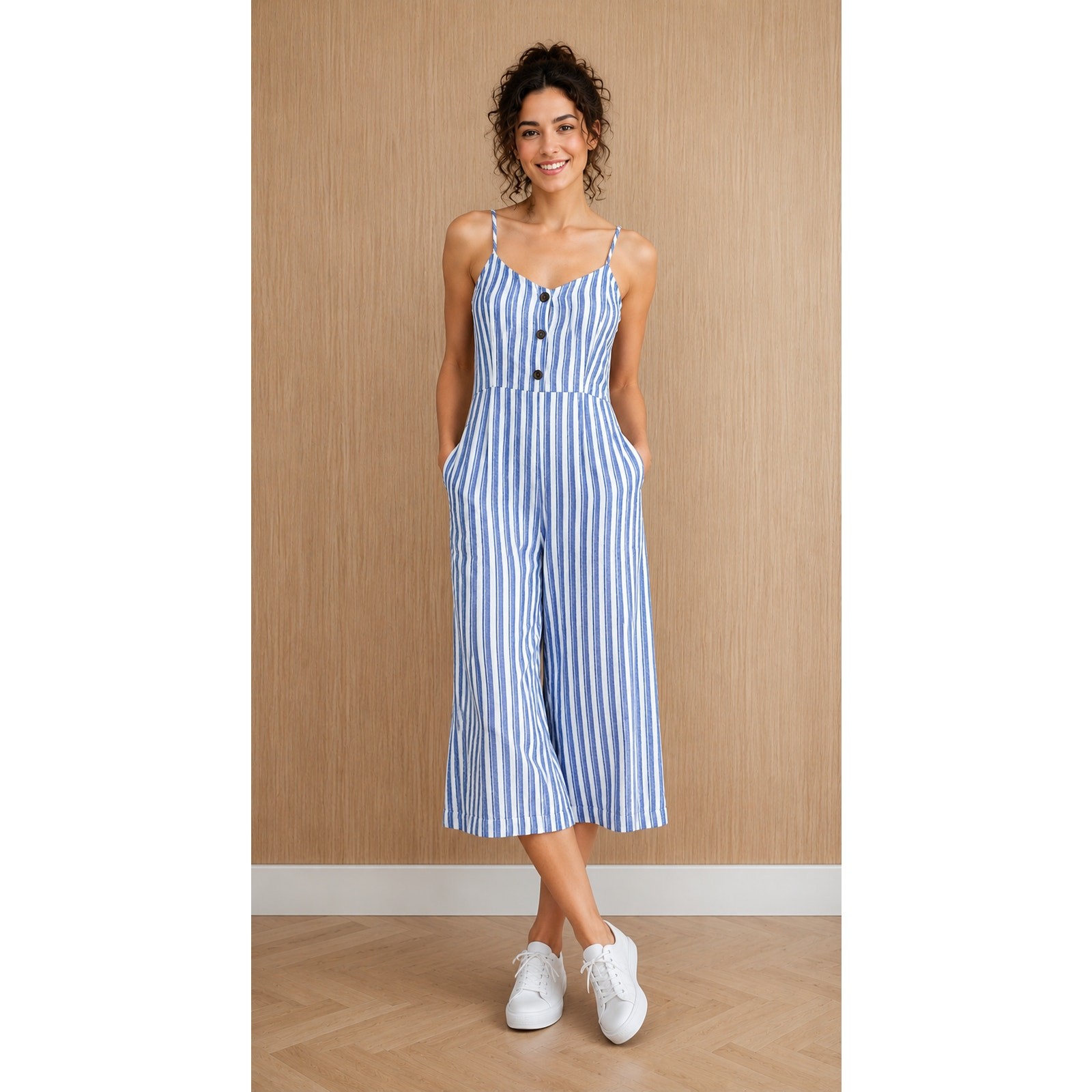 Gap Linen Cami Striped Wide Leg Jumpsuit Womens Size Large Pockets Coastal