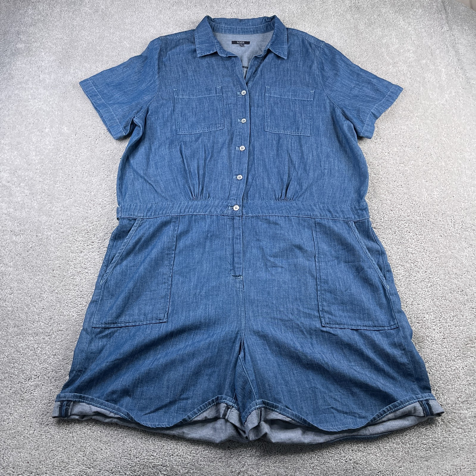 NYDJ Romper Womens XL Blue Denim Short Sleeve Button Up Cuffed Pockets