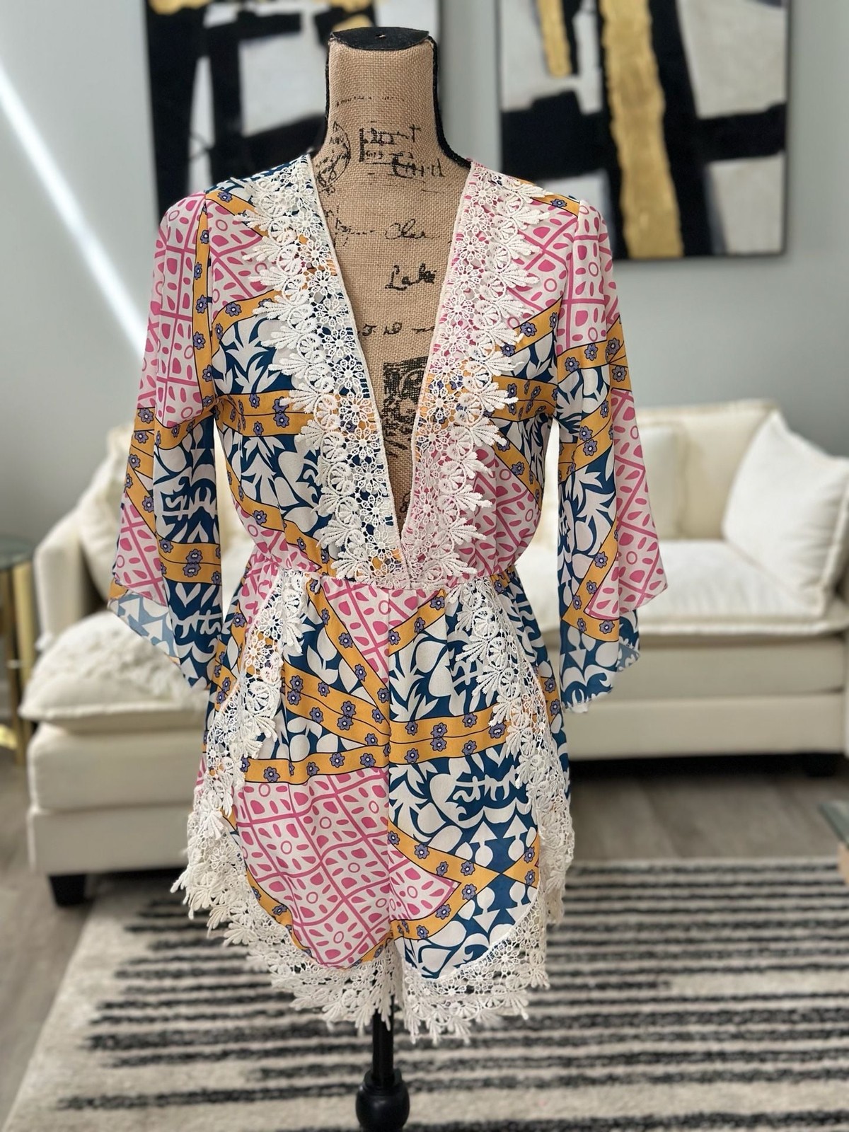 Boho Patterned Lace-Trim V-Neck Romper