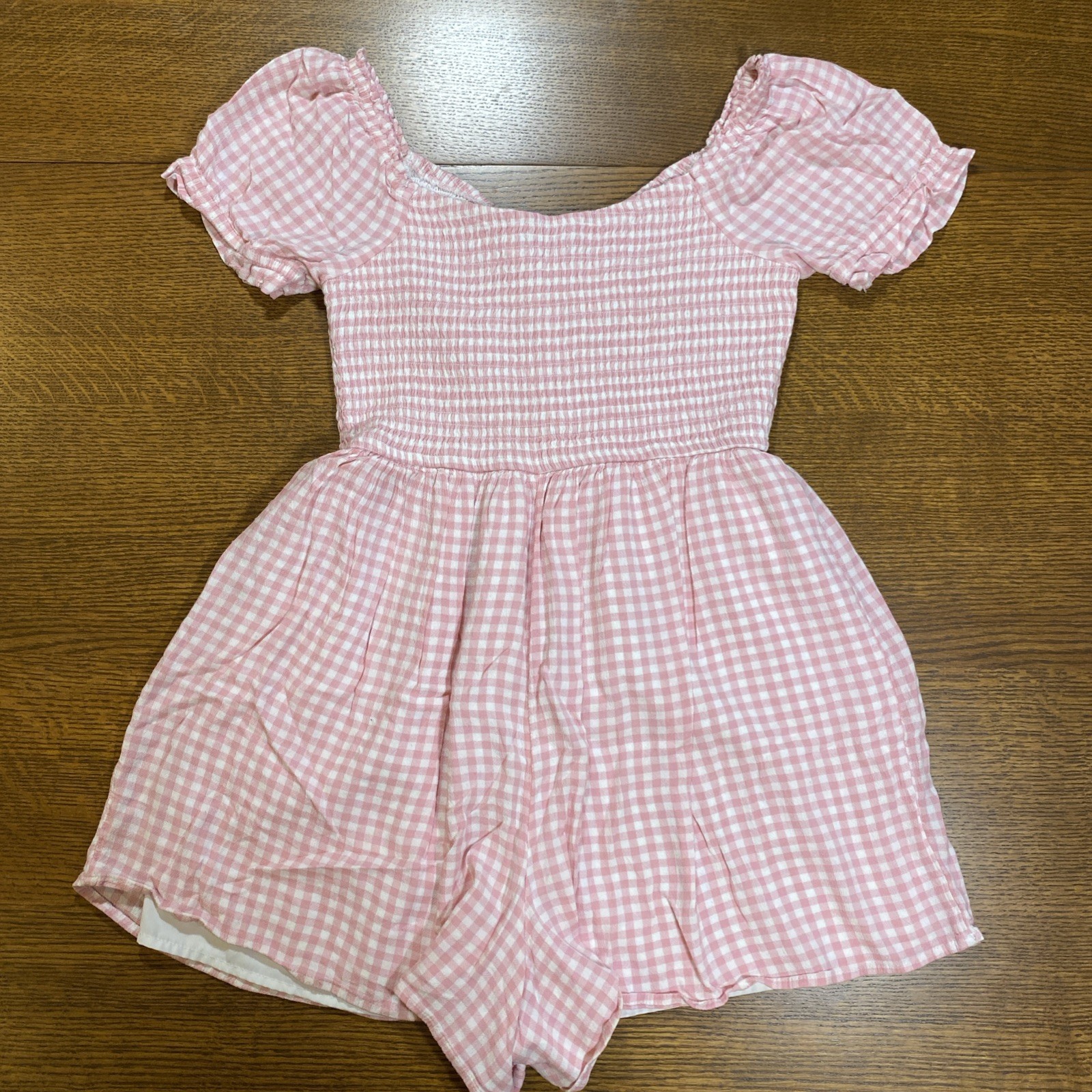HOLLISTER Pink White Gingham Romper Puff Sleeve Picnic Coquette Cottage Farm L