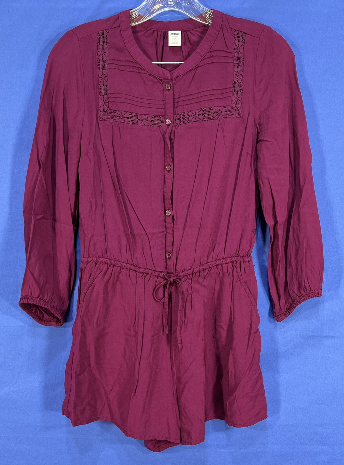 OLD NAVY Burgundy CHALLIS Lace Detail LONG SLEEVE Pockets 1/2 BUTTON Romper XS