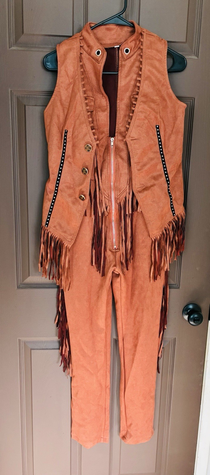Western Jumpsuit & Vest Fringe Faux Suede Brown Detailing Outfit Sz SM Y2K Retro