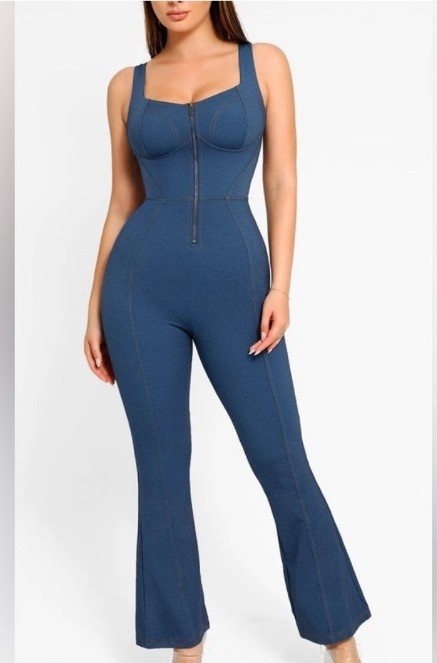 Popilush Shapewear Sculpting Denim Tank Flare Leg Jumpsuit m